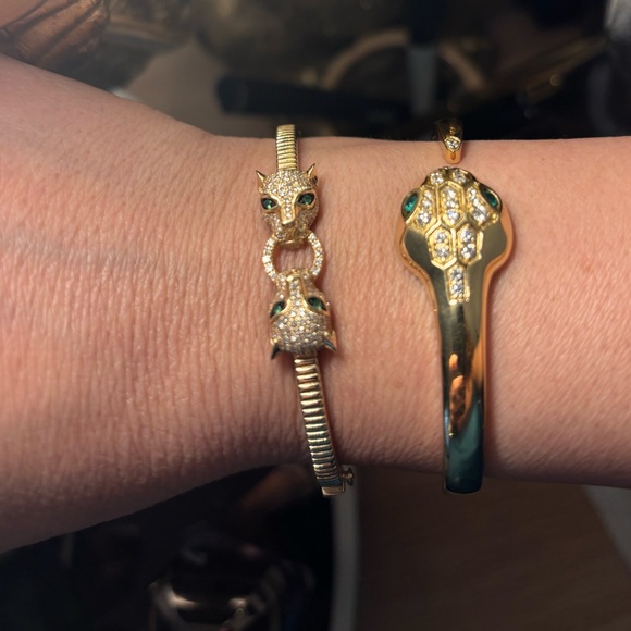 14K Yellow Gold Double Panther Head Diamond Bangle Bracelet - Picture 2 of 6